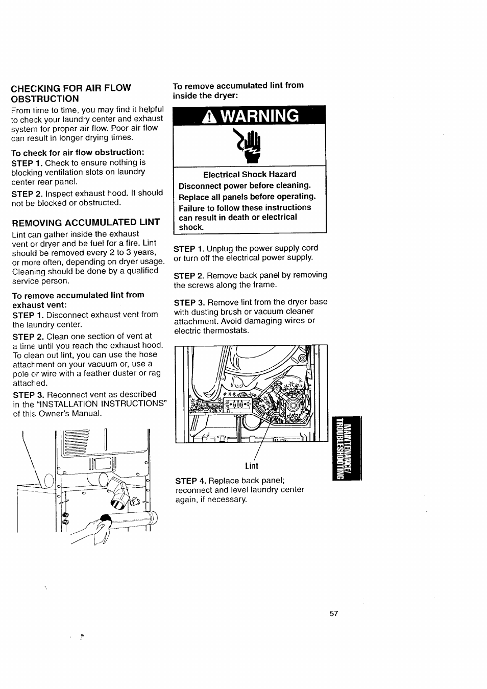 To check for air flow obstruction, To remove accumulated lint from exhaust vent, To remove accumulated lint from inside the dryer | A warning | Kenmore Washer/Dryer User Manual | Page 57 / 66