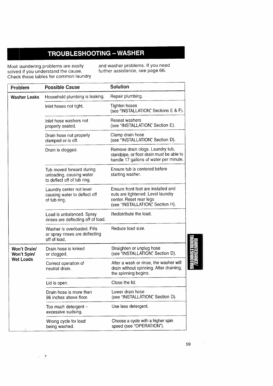 Troubleshooting - washer | Kenmore Washer/Dryer User Manual | Page 59 / 66