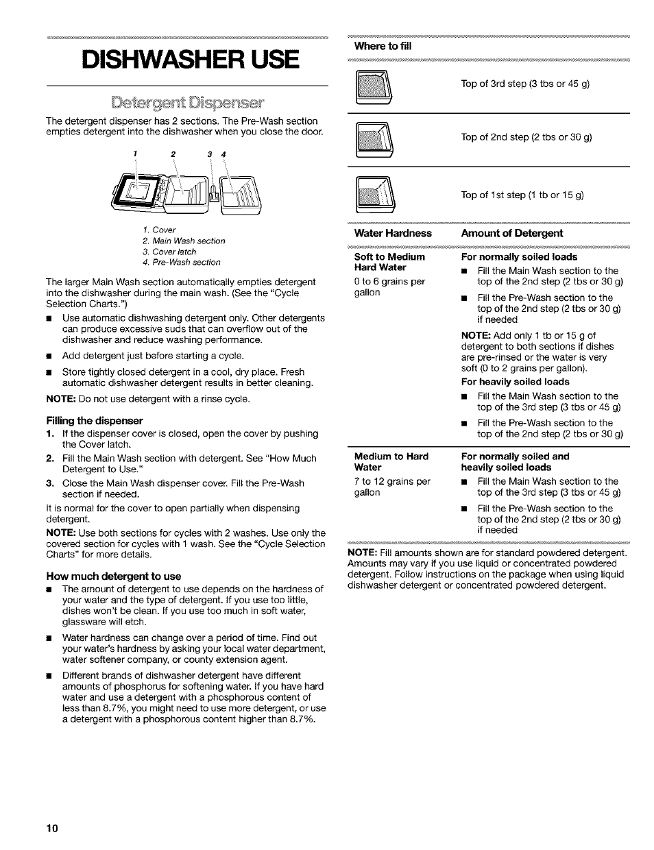 Dishwasher use, Where to fill, Filling the dispenser | How much detergent to use, Amount of detergent, For normally soiled loads, For normally soiled and heavily soiled loads, Imergeitt dispenser | Kenmore 665.15529 User Manual | Page 10 / 52