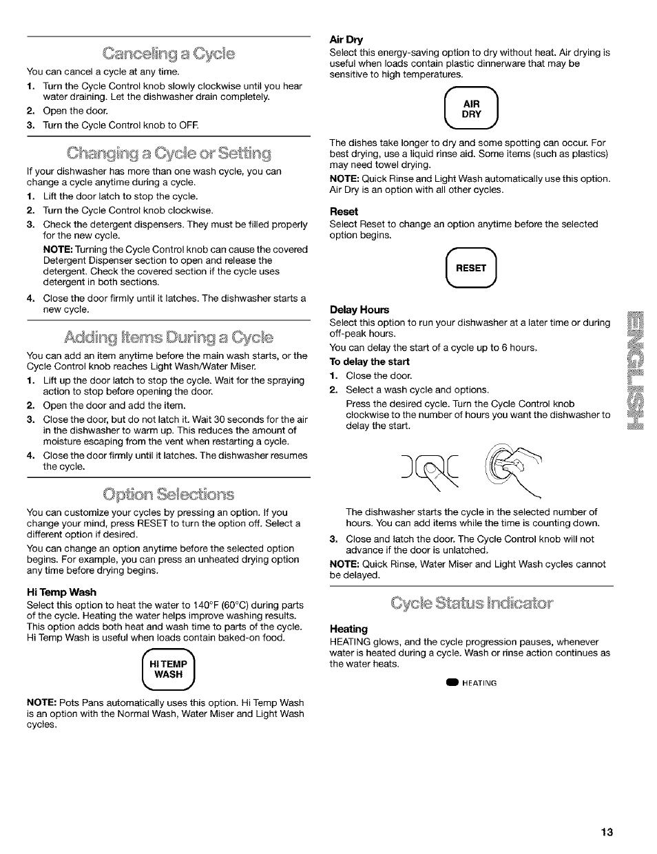 Hi temp wash, Air diy, Reset | Delay hours, Healing | Kenmore 665.15529 User Manual | Page 13 / 52
