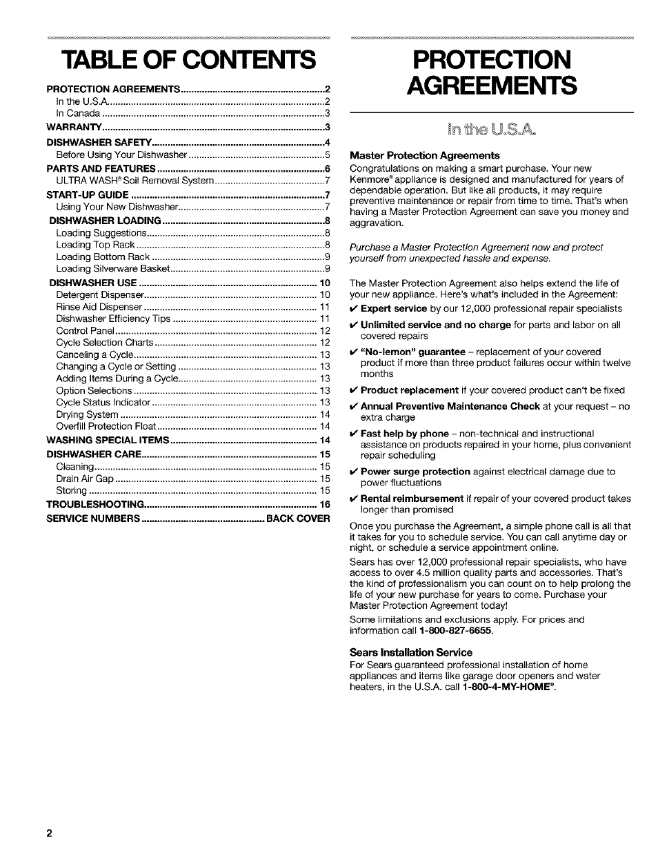 Protection, Sears installation service, Table of contents protection | Agreements | Kenmore 665.15529 User Manual | Page 2 / 52