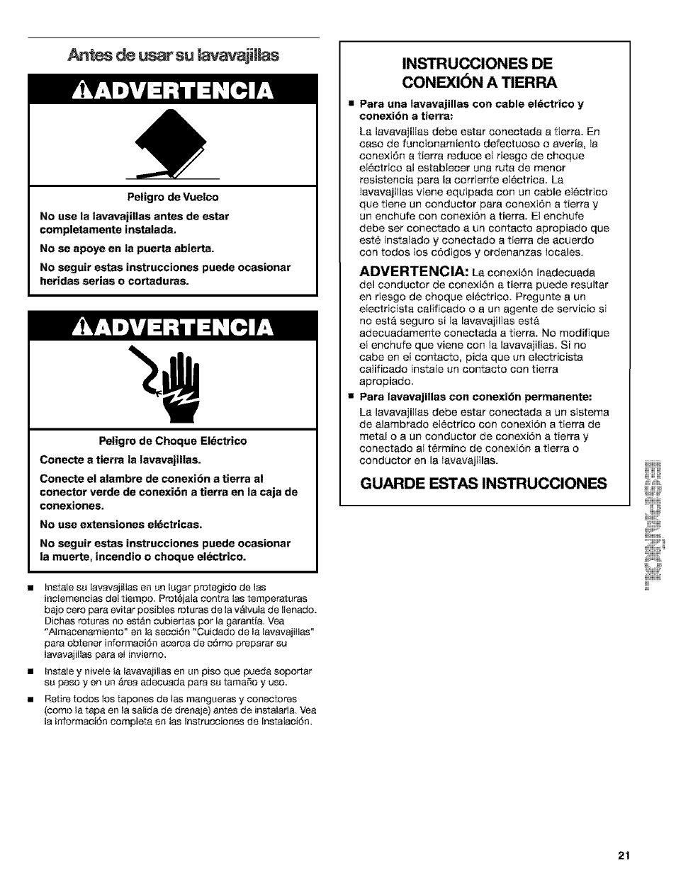 Tes de ysar sy iawavajiilas, Peligro de vuelco, Peligro de choque eléctrico | No use extensiones eléctricas, Aadvertencia, Instrucciones de conexión a tierra, Guarde estas instrucciones | Kenmore 665.15529 User Manual | Page 21 / 52