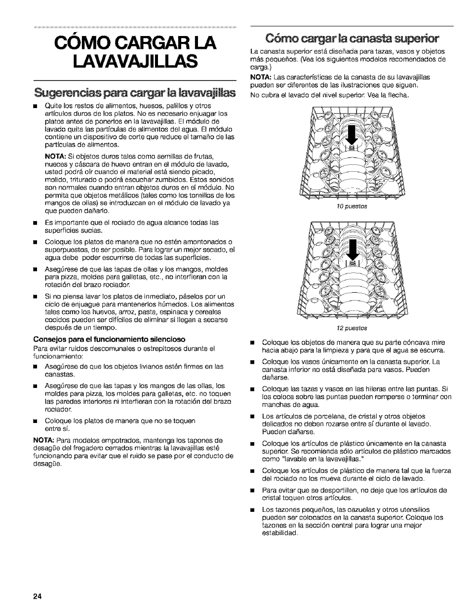 Como cargar la lavavajillas, I^rendas para orgar la lawawajilias, Cómo ctrgar la cañaste sy^rior | Cómo cargar la lavavajillas, Cómo cargar la canasta superior | Kenmore 665.15529 User Manual | Page 24 / 52