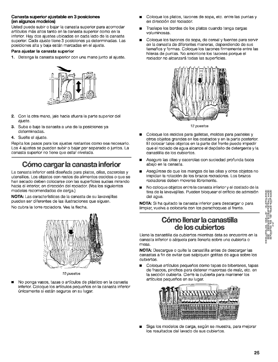 Cómo ctrgar la ctnasla inferid, Cómo llenar la canasiiia de los cubiertos, Cómo cargarla canasta inferior | Cómo llenar la canastilla de ¡os cubiertos, Cómo llenar la canasiiia, De los cubiertos | Kenmore 665.15529 User Manual | Page 25 / 52