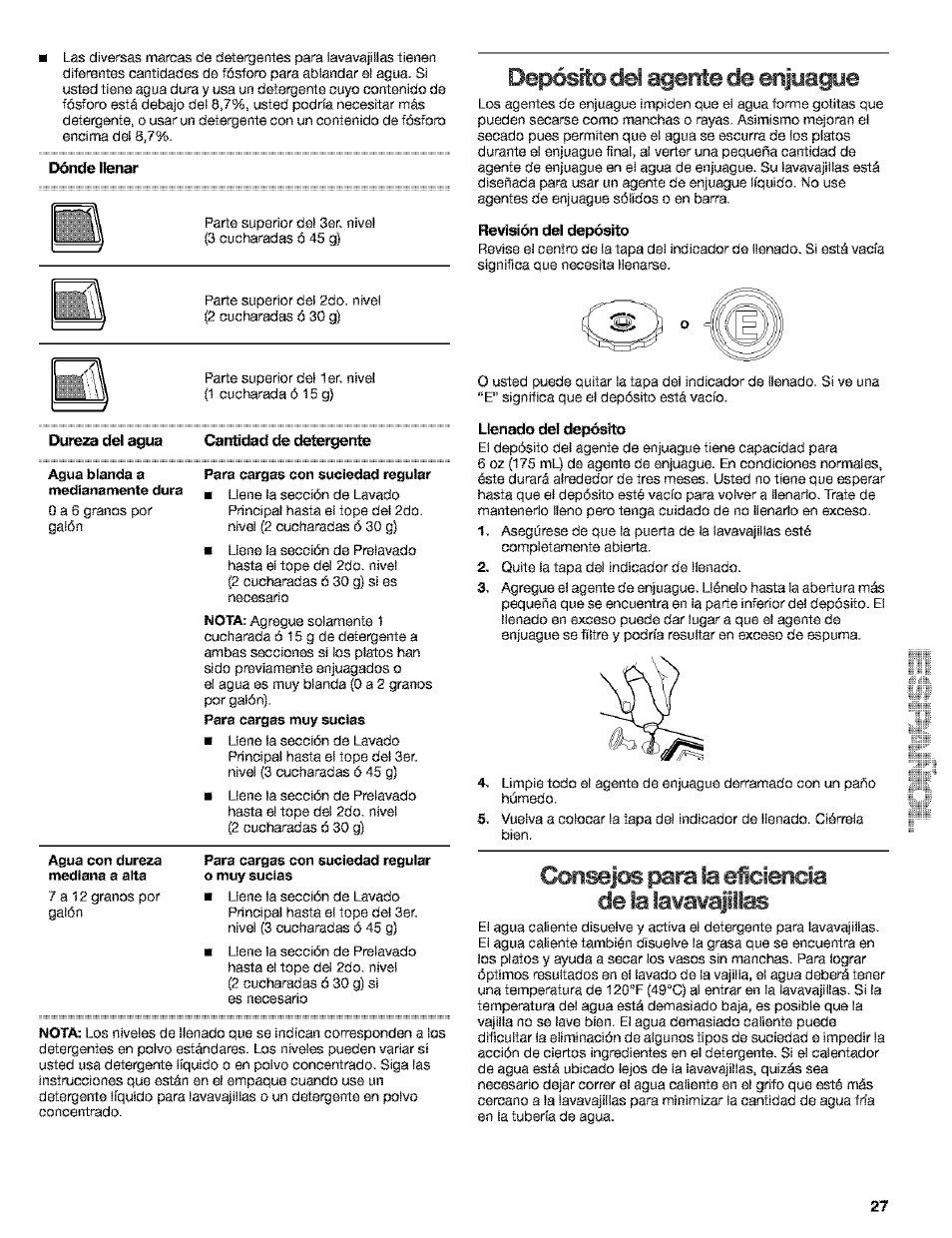 Dureza del agua cantidad de detergente, Depósio del agente de enjyagye, Revisión del depósito | Llenado del depósito, Con»jos para la eiciencia de ia iawawajiiias | Kenmore 665.15529 User Manual | Page 27 / 52