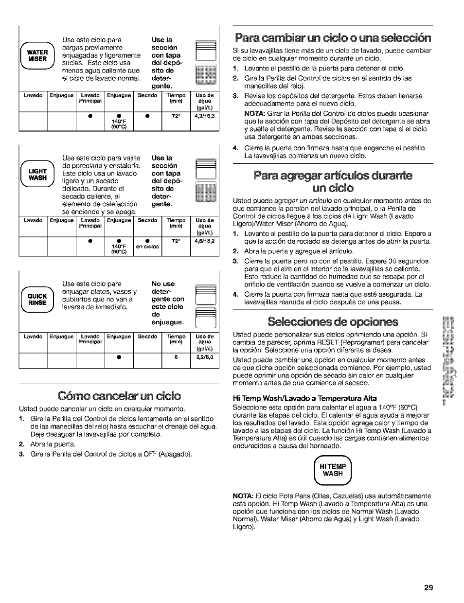 Mo ctotolar yn dcio, Para ctmbiar yn ddo o yna selecdón, Para agregar artícu!» durante ynddo | Felecdones de o^ion | Kenmore 665.15529 User Manual | Page 29 / 52