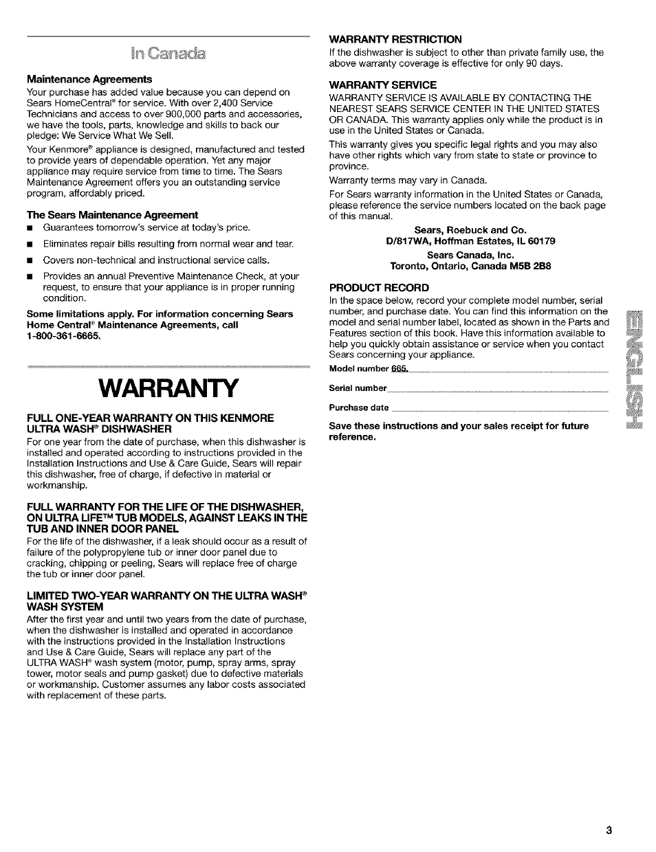 Maintenance agreements, 1tie sears maintenance agieement, Warranty | Warranty restriction, Warranty service, Product record | Kenmore 665.15529 User Manual | Page 3 / 52