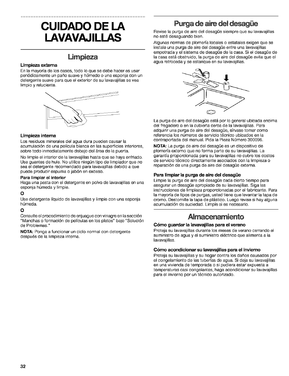 Cuidado de la lavavajillas, Limpieza, Limpieza interna | Purga de aire del desagüe, Pana iímpiar la punga de aire del desagüe, Aimatonamiento, Cómo acondicionar su lavavajillas (mre el invierno, Limpieza purga de aire del desagüe, Purga, De aire | Kenmore 665.15529 User Manual | Page 32 / 52