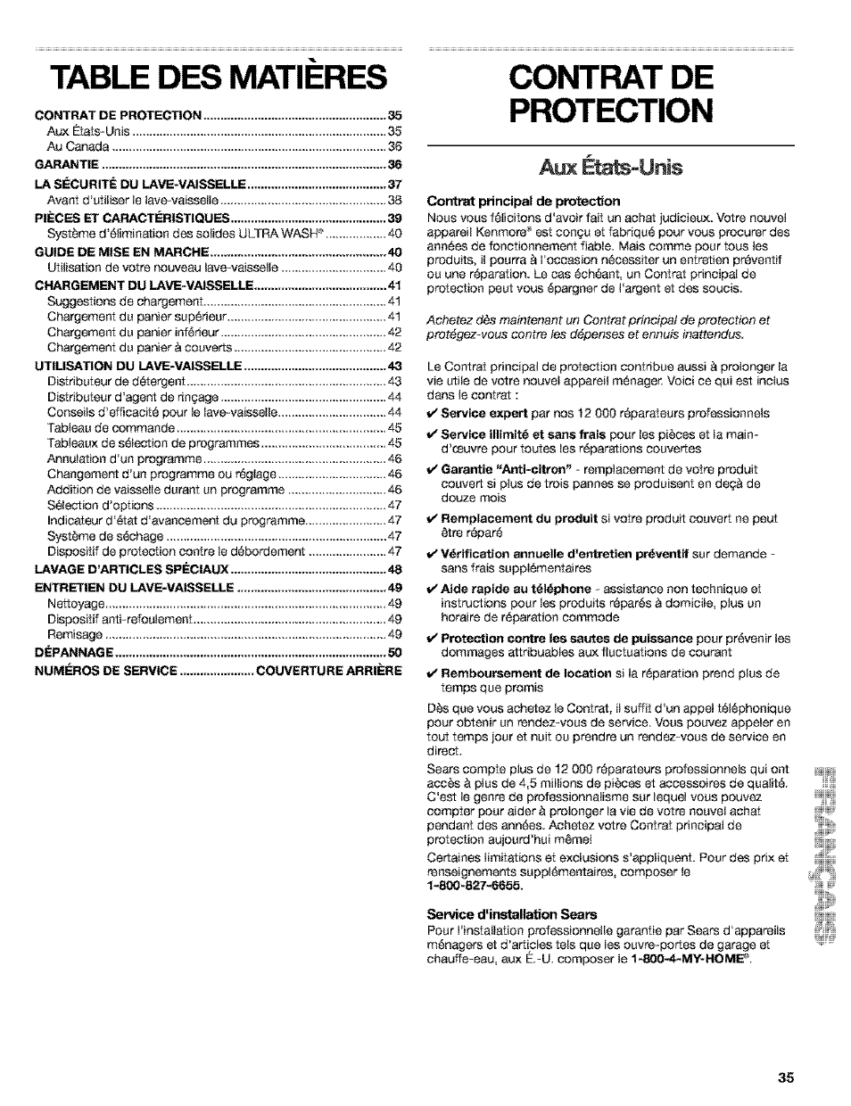 Table des matieres, Contrat de protection, Аиж elab-ünis | Contrat principal de protection, Service d'insteliason searb | Kenmore 665.15529 User Manual | Page 35 / 52