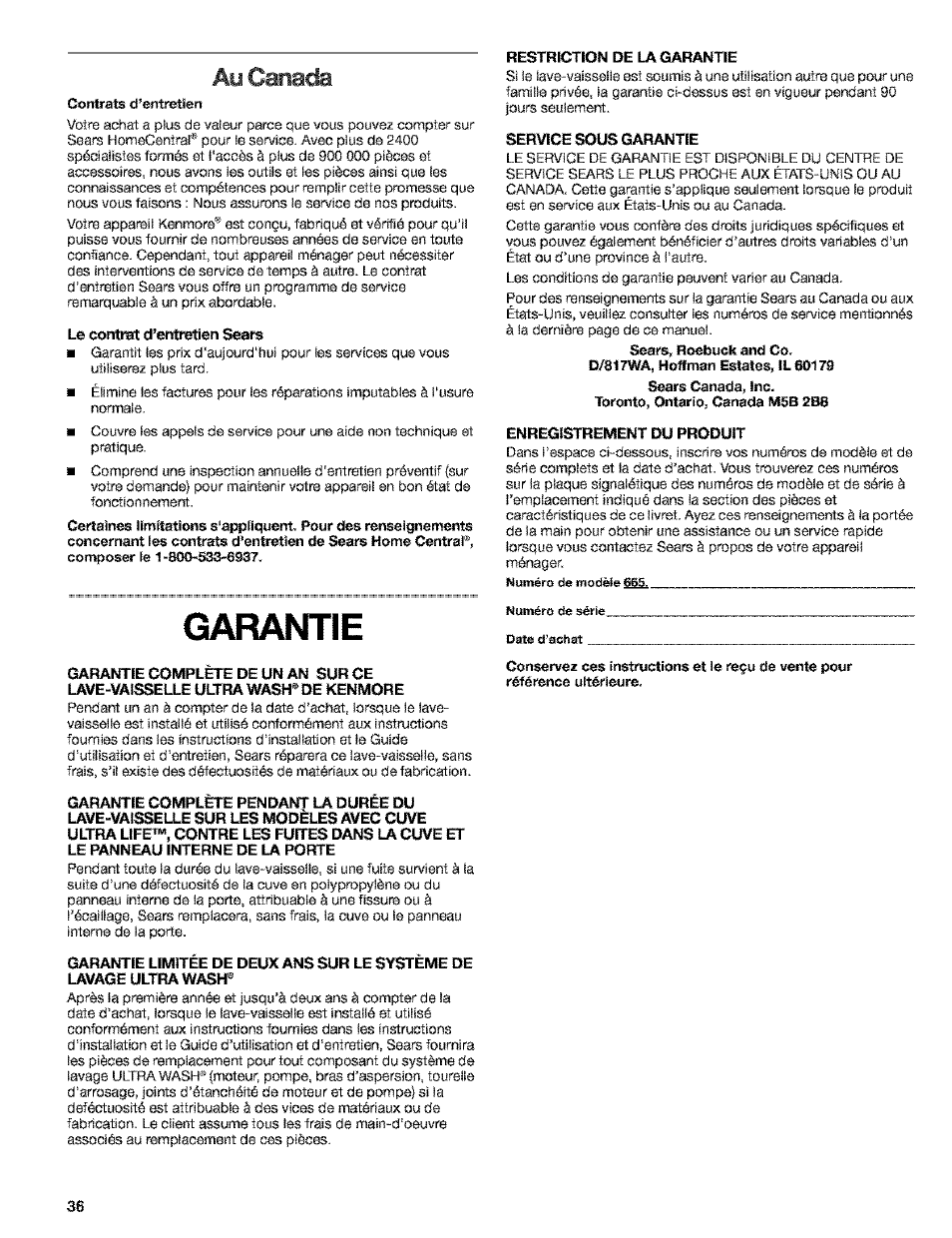 Ay cana a, Le corrtrïit d’entretien seam, Garantie | Restriction de la garantie, Service sous garantie, Enregistrement du produit | Kenmore 665.15529 User Manual | Page 36 / 52