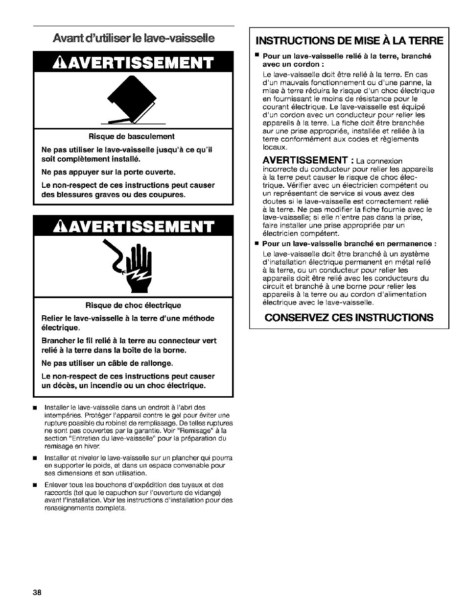 Avant d’utiliser le lave-vaisselle, Risque de basculement, Risque de choc électrique | Avant d'utiliser le lave-vaisselle, Avertissement, Le lave-vaisselle, Avant d’utiliser, Œnservez ces instructions | Kenmore 665.15529 User Manual | Page 38 / 52