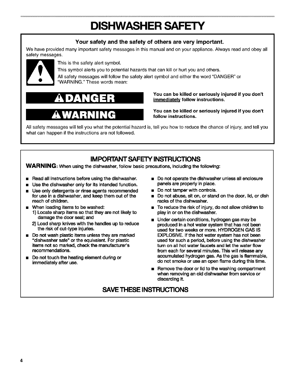 Dishwasher safety, Adanger awarning, Impofnant safety instructions warning | Save these instructions | Kenmore 665.15529 User Manual | Page 4 / 52