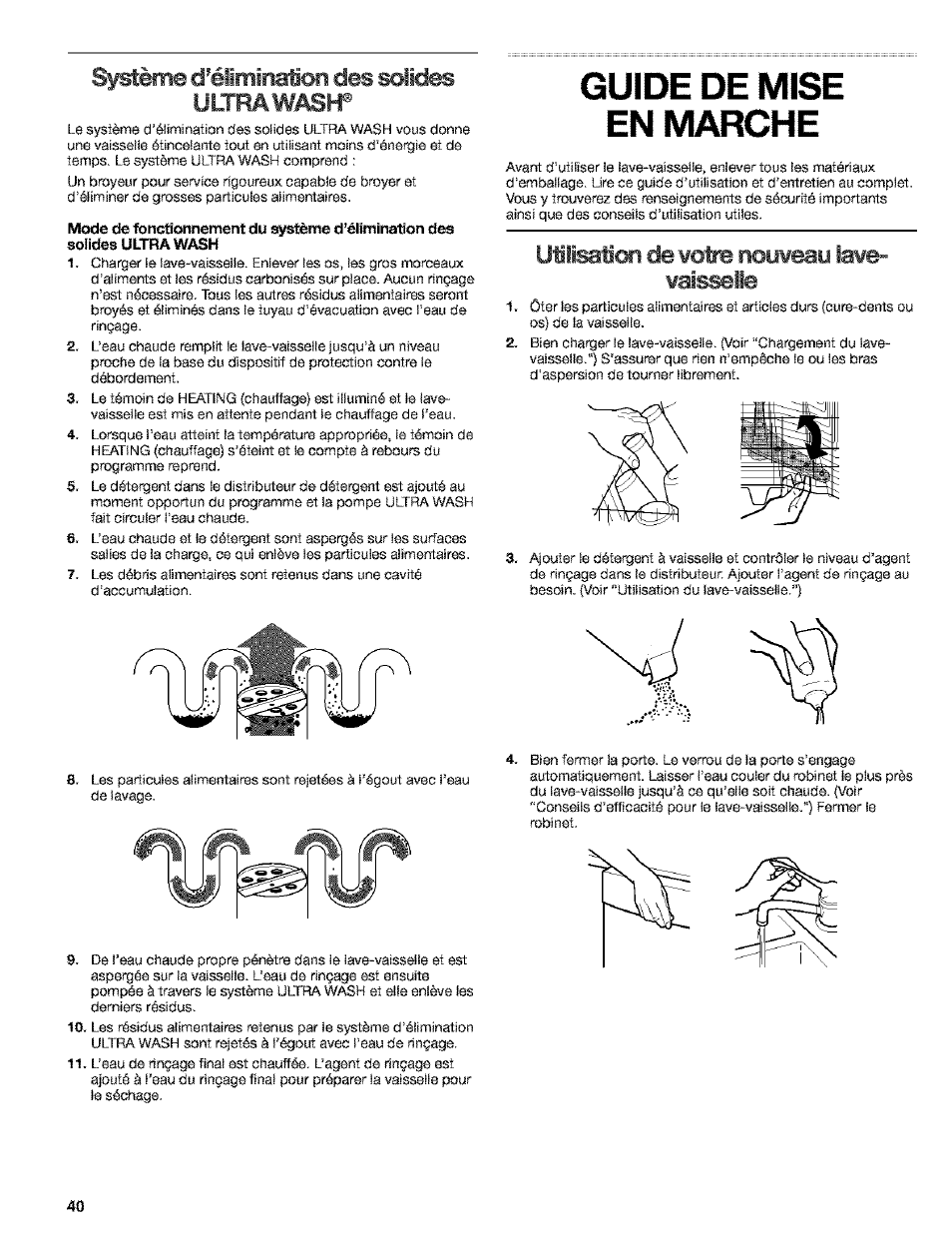 Système d'éiîminaïoii des »lidœ ultra wmh, Guide de mise en marche, Utiüœti«! dewotre nouweay îawe- wai»eiie | Système d'élimination des solides ultra wash, Guide, Mise, Marche | Kenmore 665.15529 User Manual | Page 40 / 52