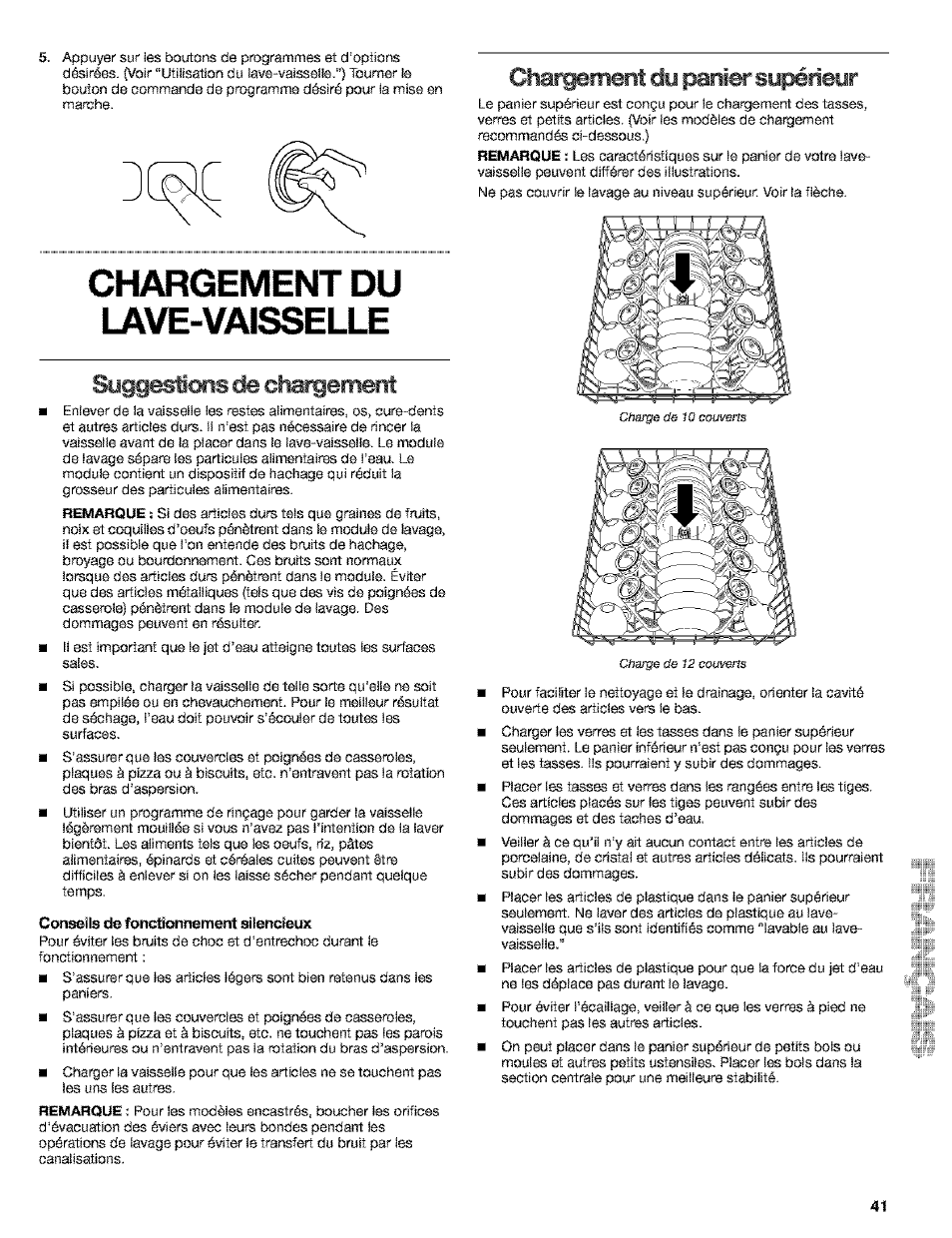 Chargement du i i ll^e, Sygg^ots de chaiiement, Conseils de fonctionnement silencieux | Chai^ment cjy panier sypérieyr, Chargement du i.i ll^e | Kenmore 665.15529 User Manual | Page 41 / 52