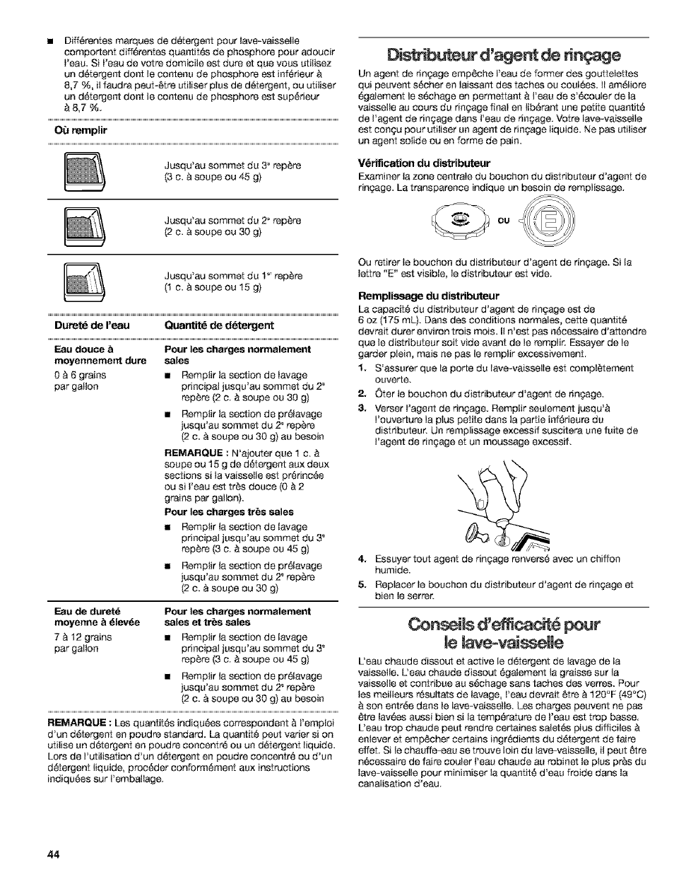 Où remplir, Quantité de détergent, Pour les charges normalement sales | Distributeur d’agent de rinçage, Vértücatîon du disftïbuteur, Remplissage du distributeur, Conseils d’eficadlé poyr le lave-vaisselle, Conseils d’eficadlé poyr le, Lave-vaisselle | Kenmore 665.15529 User Manual | Page 44 / 52