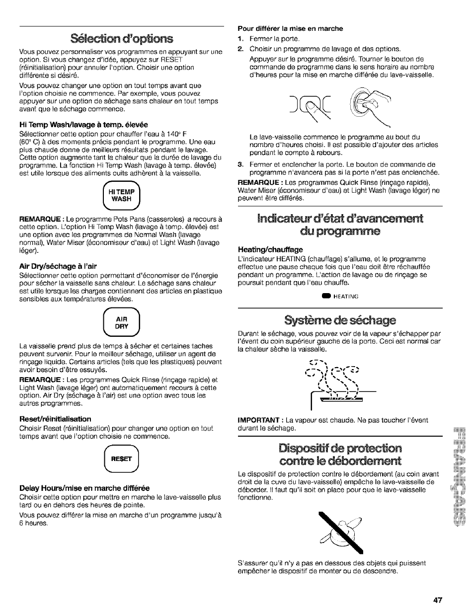 Élection d'opïons, Hi temp wash/la^^ge à temp, élevée, Diy/séchage à l’air | Re^réînttîalîssrtion, Delay houre/mîse en marche différée, Indi^eyr d'état d'awanœment dy programme, Heaïjng/chauflage, Ème de sédiage, De p^tection œntre le débortement | Kenmore 665.15529 User Manual | Page 47 / 52