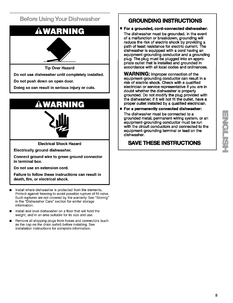 Warning, Grounding instructions, Save these instructions | Kenmore 665.15529 User Manual | Page 5 / 52