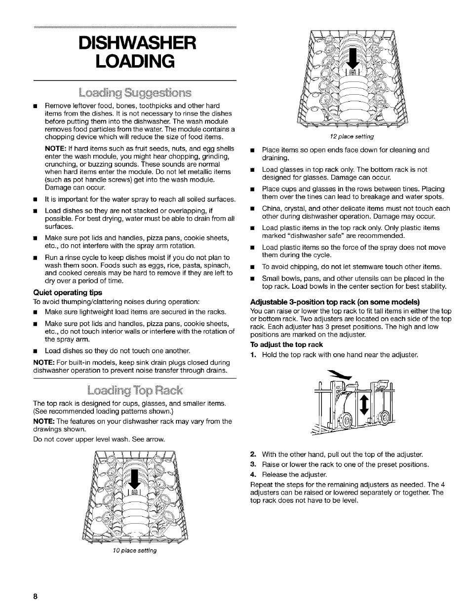 Dishwasher, Loading, Quiet operating tips | Adjustable 3-position top rack (on some models), Dishwasher loading | Kenmore 665.15529 User Manual | Page 8 / 52