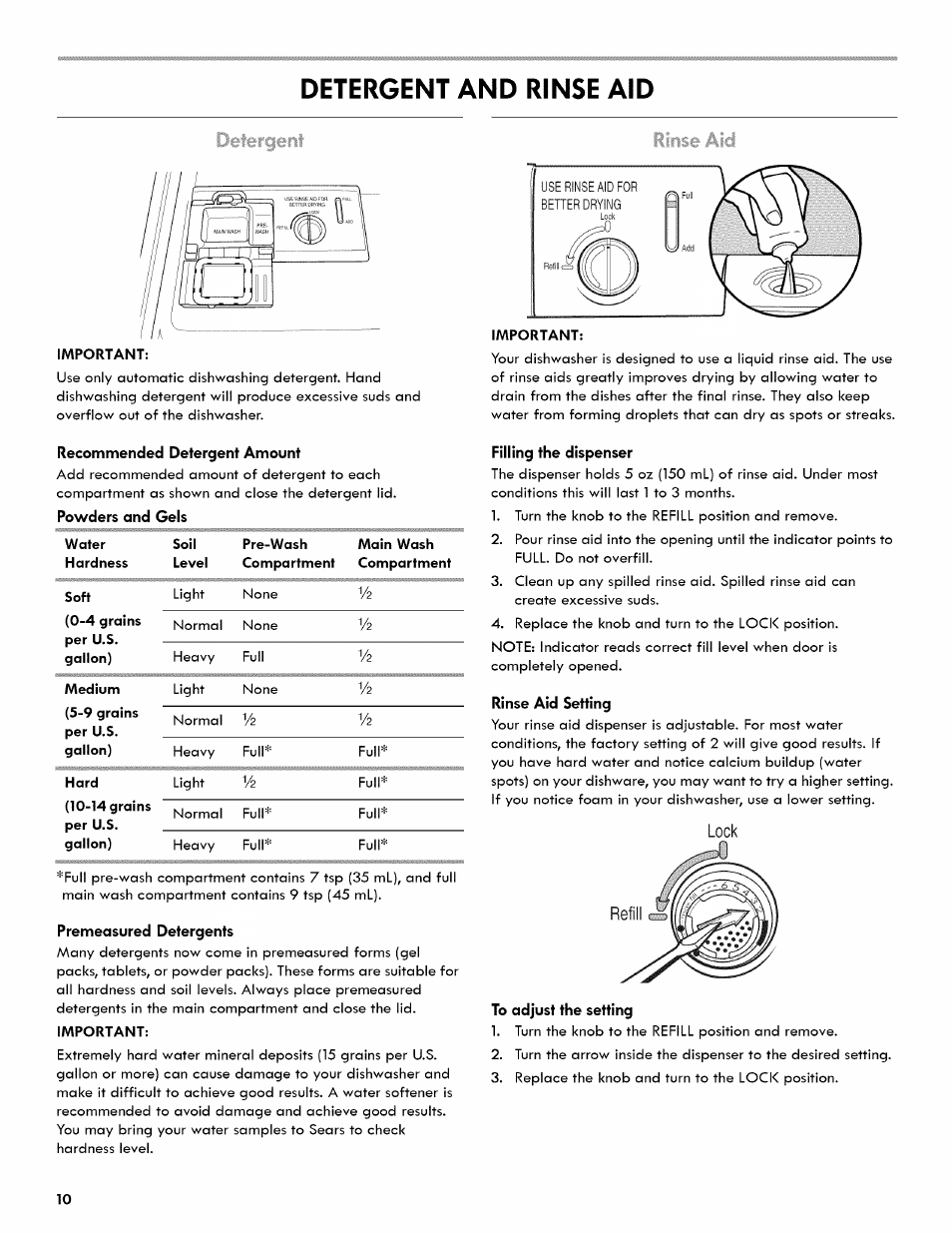 Detergent and rinse aid, Lock | Kenmore ULTRA WASH 665.1404 User Manual | Page 10 / 78