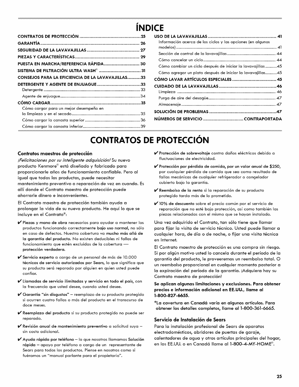 Indi, Contratos de proteccion | Kenmore ULTRA WASH 665.1404 User Manual | Page 25 / 78