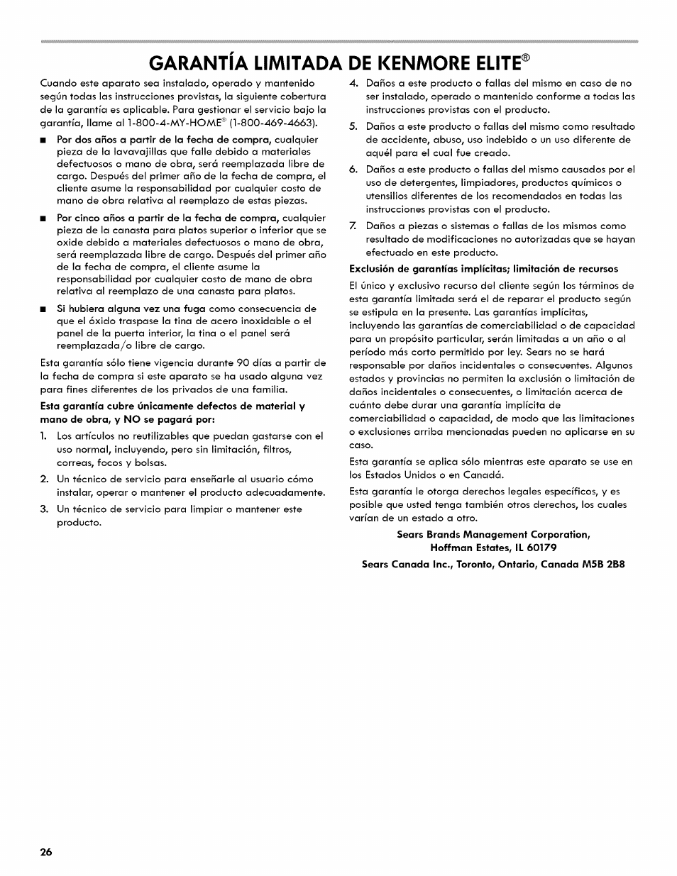 Garantia limitada de kenmore elite | Kenmore ULTRA WASH 665.1404 User Manual | Page 26 / 78