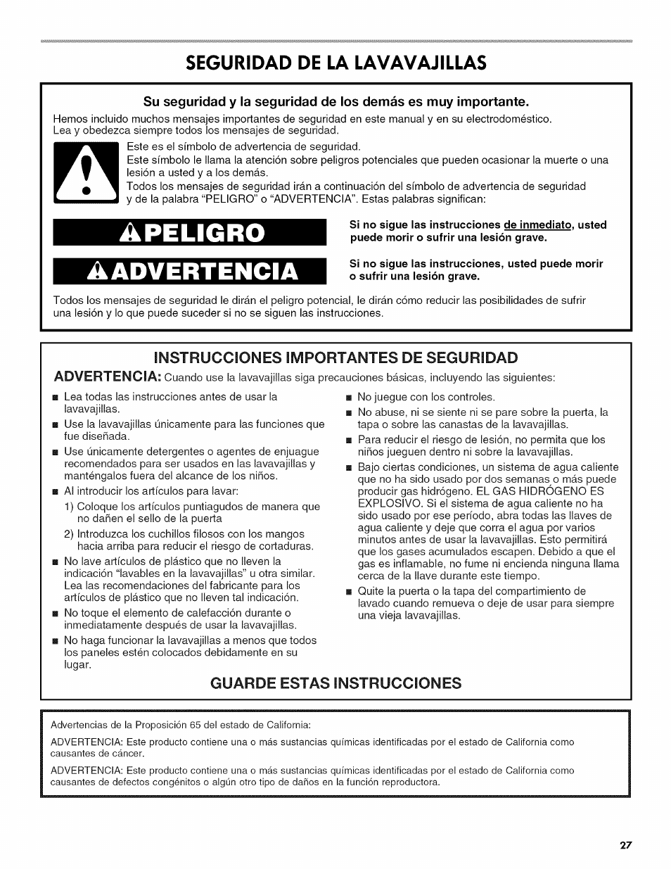 Seguridad de la lavavajillas, Apeligro aadvertencia, Guarde estas instrucciones | Kenmore ULTRA WASH 665.1404 User Manual | Page 27 / 78