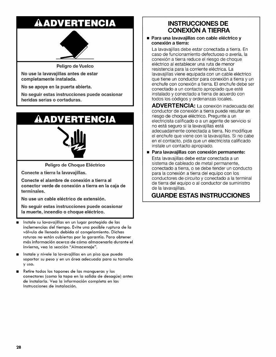 Advertencia, Instrucciones de conexión a tierra, Guarde estas instrucciones | Kenmore ULTRA WASH 665.1404 User Manual | Page 28 / 78