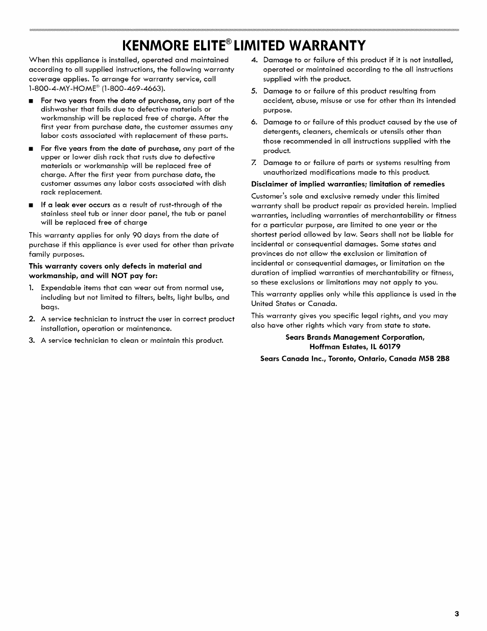 Kenmore elite® limited warranty | Kenmore ULTRA WASH 665.1404 User Manual | Page 3 / 78
