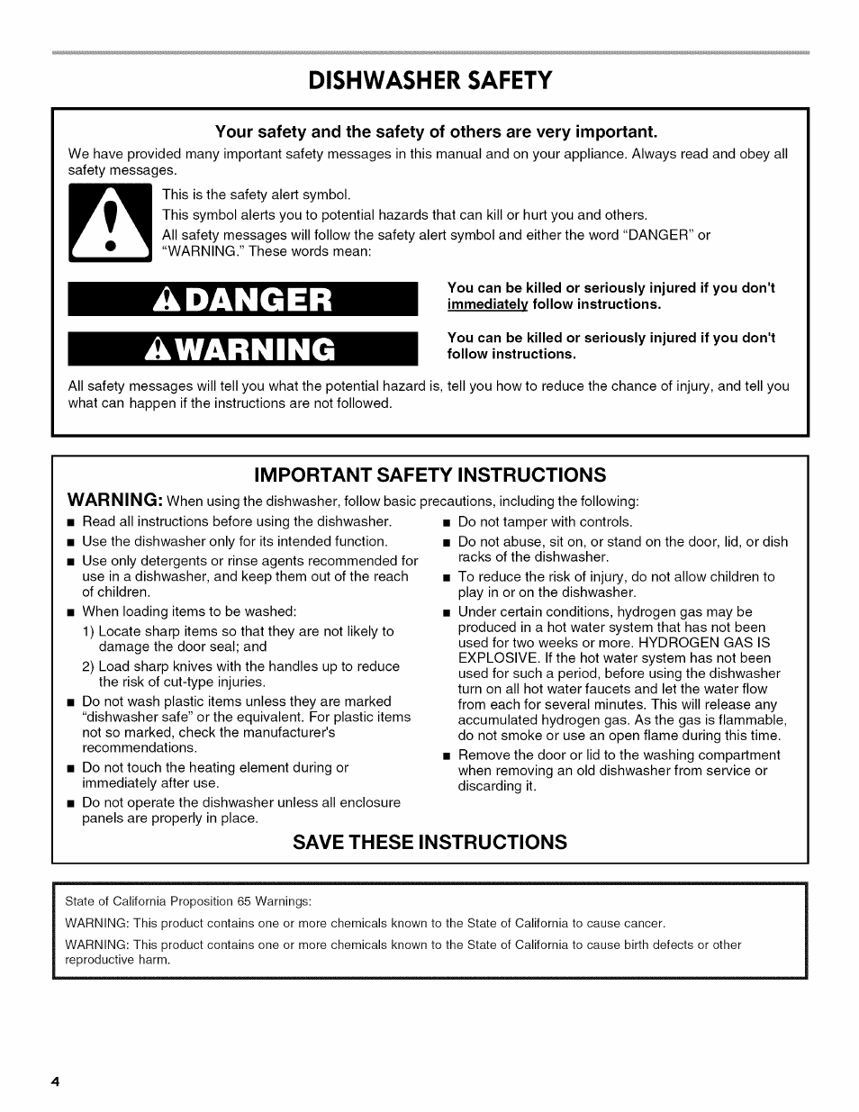 Dishwasher safety, Adanger awarning, Important safety instructions warning | Save these instructions | Kenmore ULTRA WASH 665.1404 User Manual | Page 4 / 78