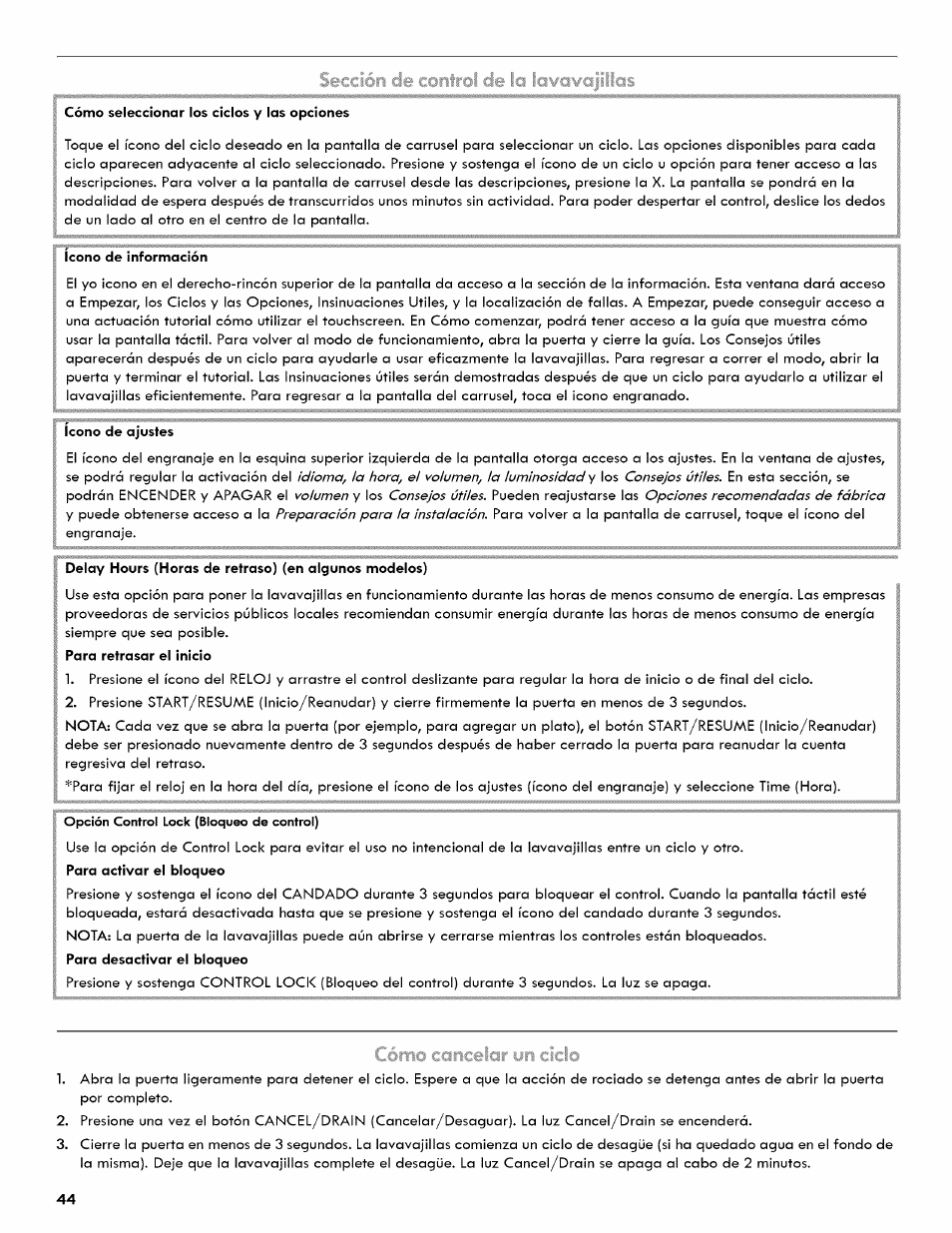 Scíccióri cje control cje ici lci¥ci¥cjjillcis, Lomo cciricelar wn ciclo | Kenmore ULTRA WASH 665.1404 User Manual | Page 44 / 78