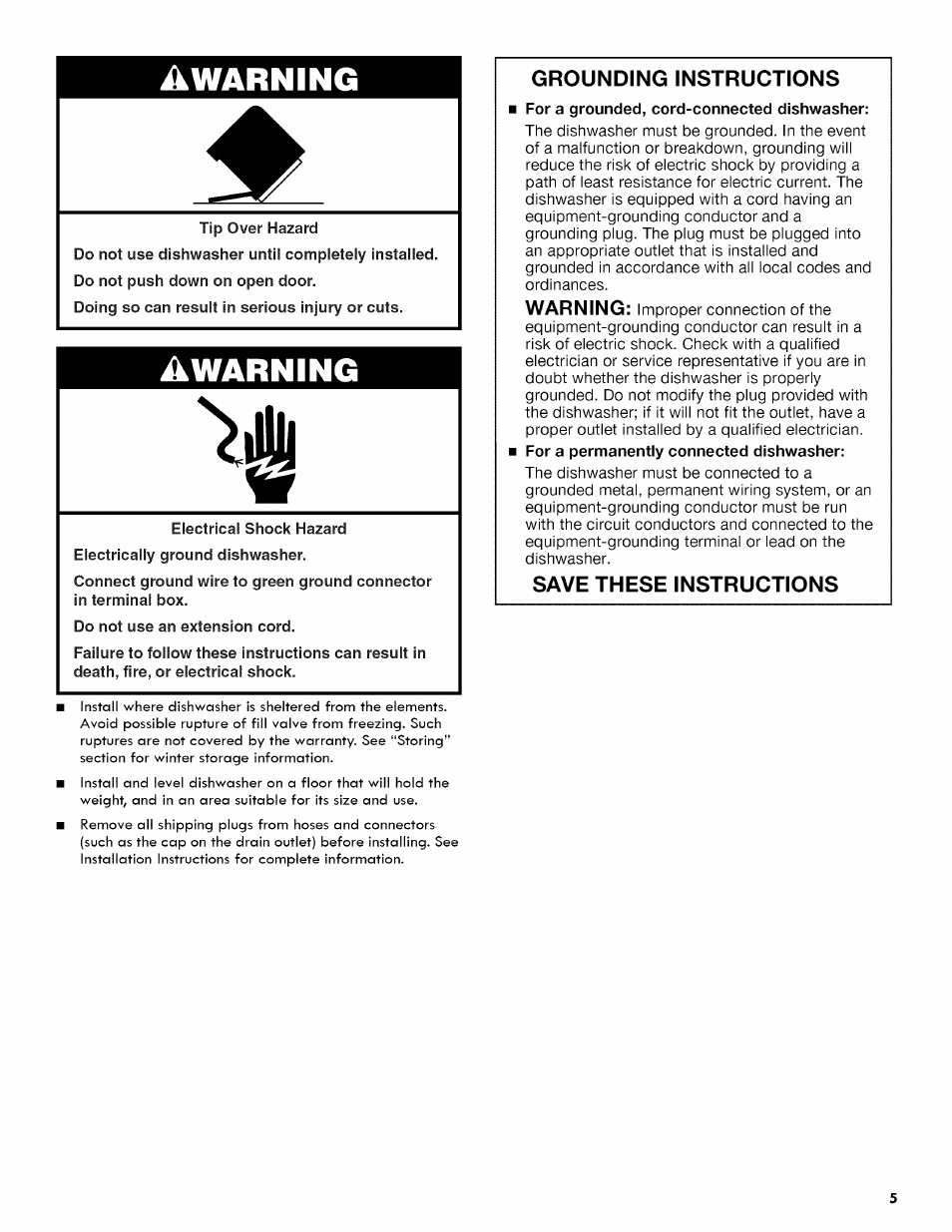 Warning, A warning, Grounding instructions | Save these instructions | Kenmore ULTRA WASH 665.1404 User Manual | Page 5 / 78