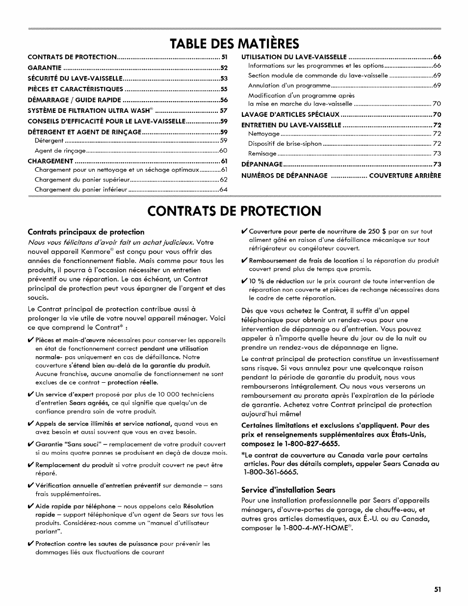 Table des, Matieres, Contrats de protection | Kenmore ULTRA WASH 665.1404 User Manual | Page 51 / 78