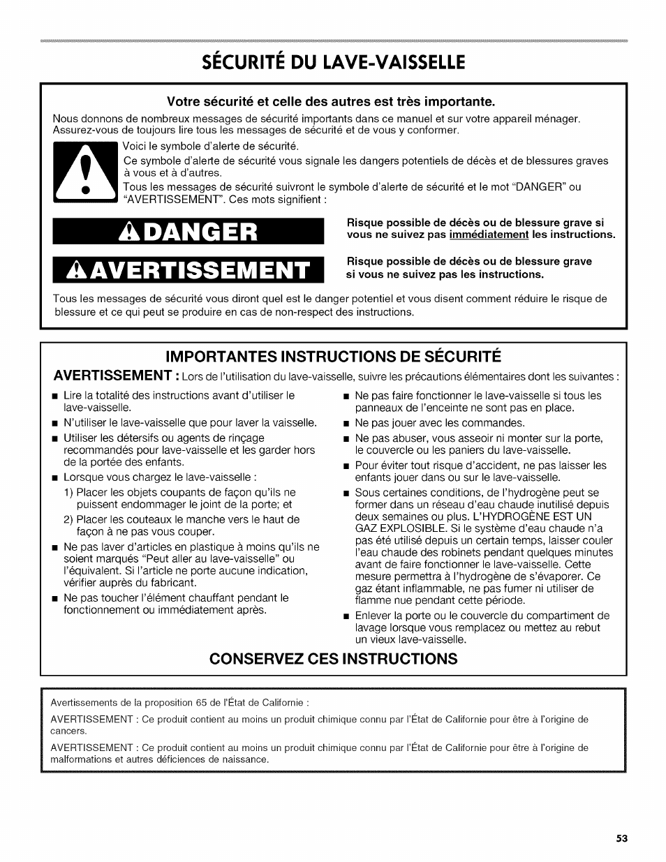 Securite du lave-vaisselle, Sécurité du lave-vaisselle, Adanger | Avertissement, Importantes instructions de securite avertissement, Conservez ces instructions | Kenmore ULTRA WASH 665.1404 User Manual | Page 53 / 78