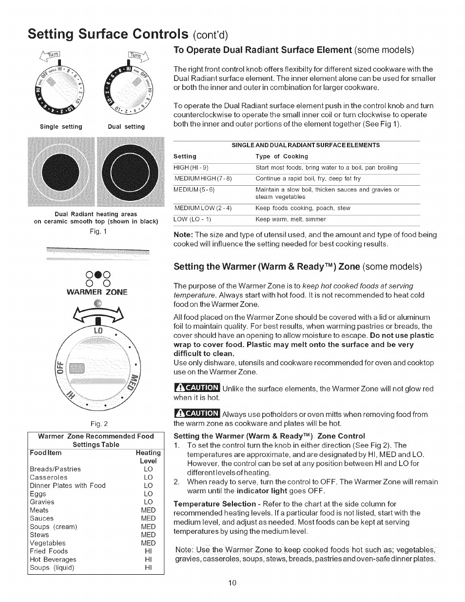 Warmer zone, Caution, Setting surface controls | Cont’d), Setting the warmer (warm & ready™) zone | Kenmore 790.9434 User Manual | Page 10 / 28