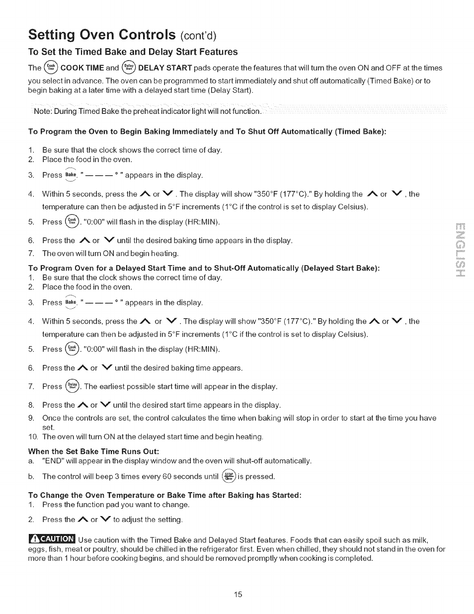 When the set bake time runs out, Setting oven controls, Cont’d) | Kenmore 790.9434 User Manual | Page 15 / 28