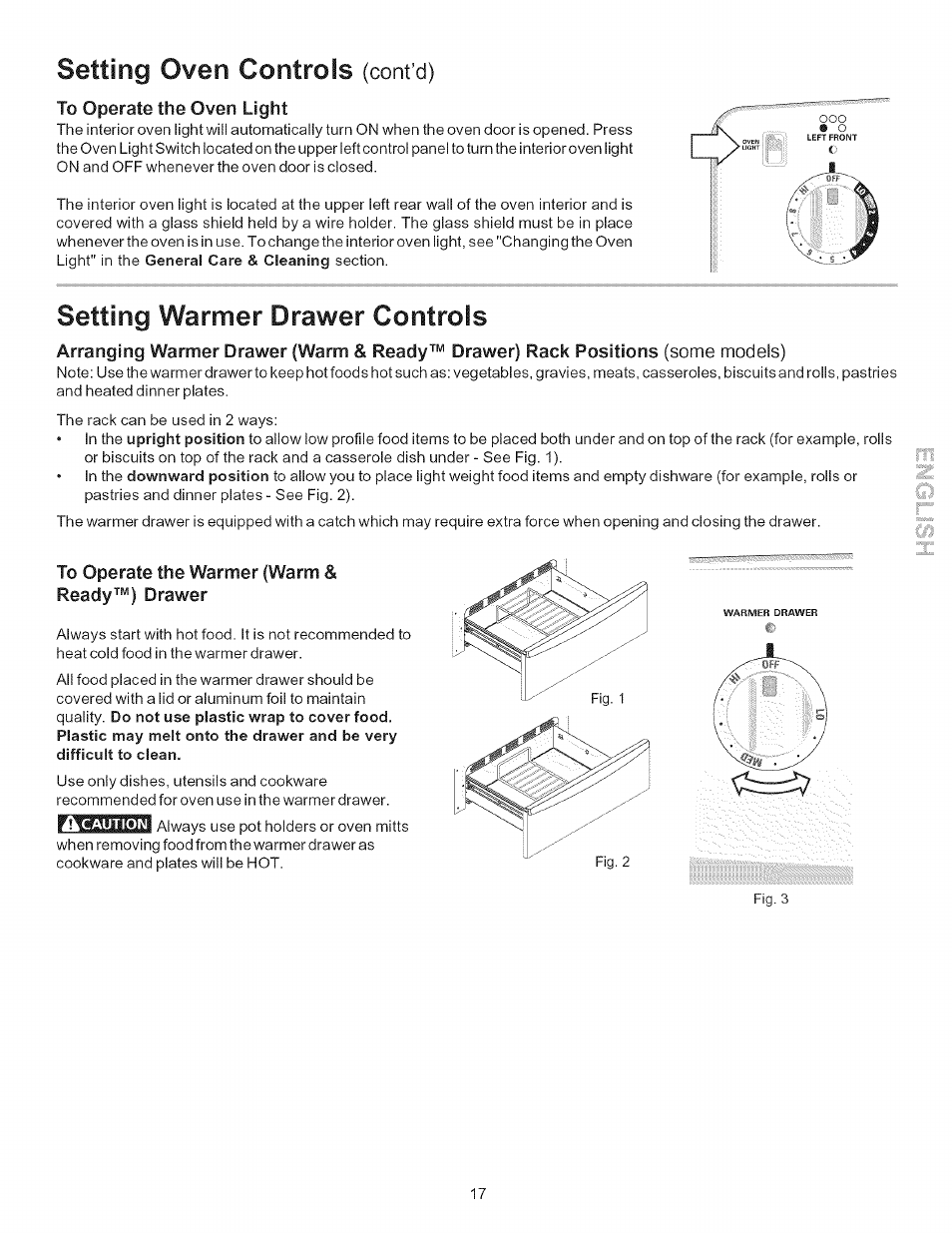 To operate the warmer {warm & ready™) drawer, Acaution, Setting warmer drawer controls | Setting oven controls, Cont’d), Ooo ® o | Kenmore 790.9434 User Manual | Page 17 / 28