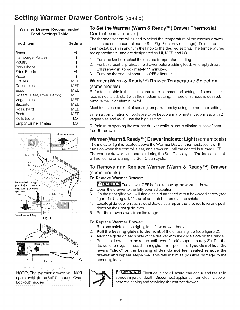 To replace warmer drawer, Setting warmer drawer controls, Cont’d) | Kenmore 790.9434 User Manual | Page 18 / 28