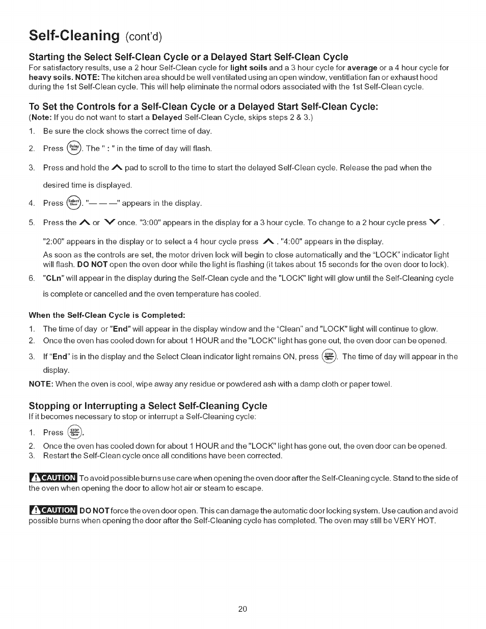 When the self-clean cycle is completed, Self-cleaning, Cont’d) | Kenmore 790.9434 User Manual | Page 20 / 28