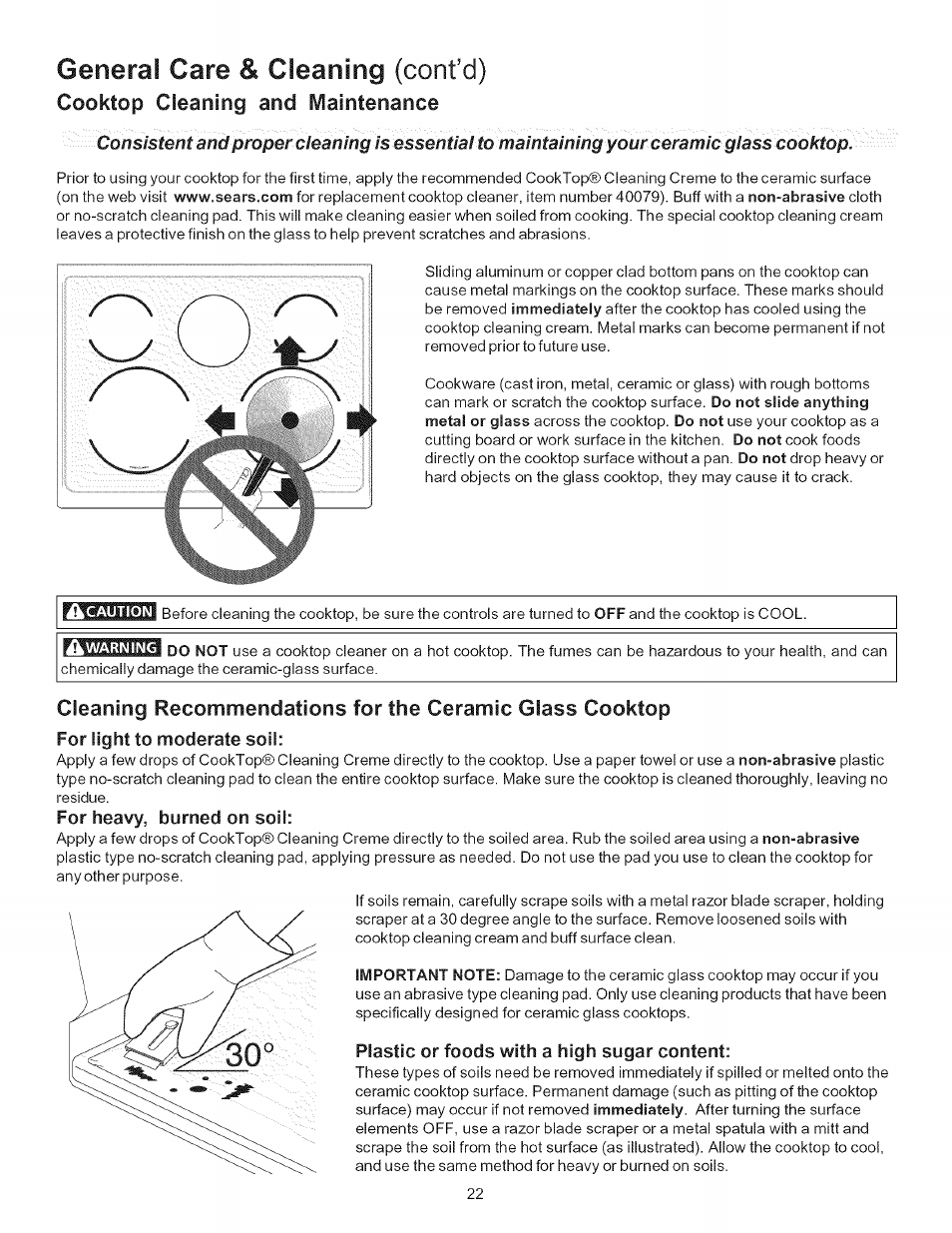 For heavy, burned on soil, Plastic or foods with a high sugar content, Consistent | General care & cleaning (cont’d) | Kenmore 790.9434 User Manual | Page 22 / 28