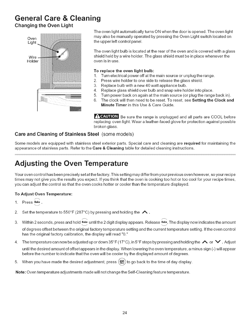 To replace the oven light bulb, Care and cleaning of stainless steel (some models), To adjust oven temperature | Generai care & cleaning, Adjusting the oven temperature, Changing the oven light | Kenmore 790.9434 User Manual | Page 24 / 28