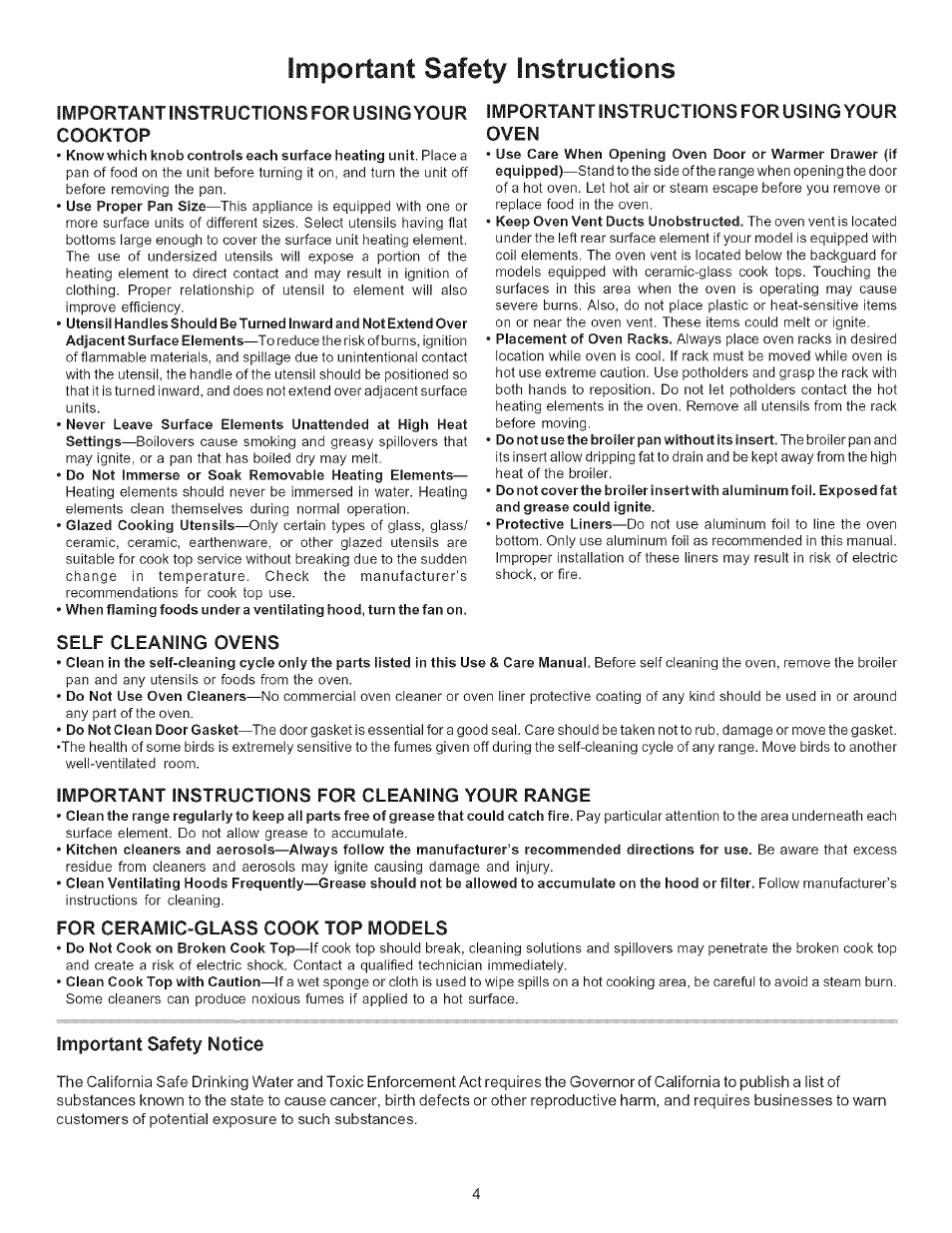 Important instructions for using your oven, Self cleaning ovens, Important instructions for cleaning your range | For ceramic-glass cook top models, Important safety notice, Important safety instructions, Important instructions for using your cooktop | Kenmore 790.9434 User Manual | Page 4 / 28