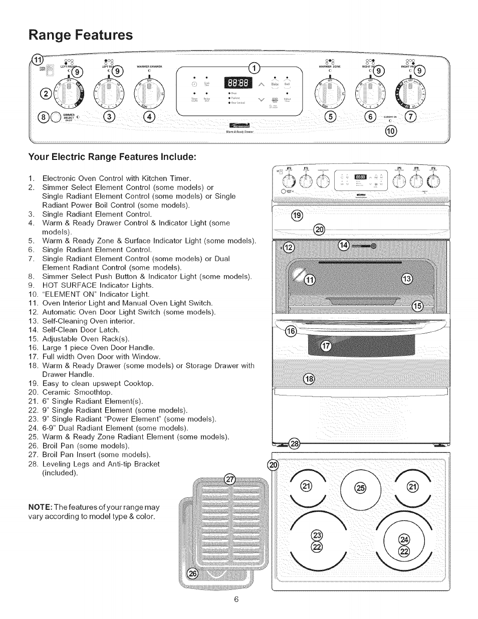 Your electric range features include, Range features | Kenmore 790.9434 User Manual | Page 6 / 28