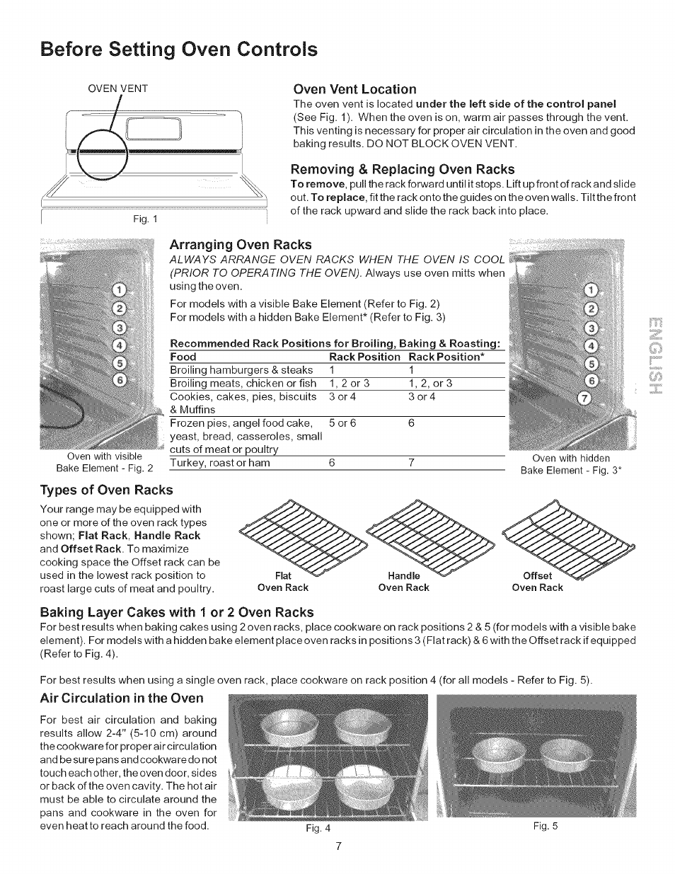 Removing & replacing oven racks, Arranging oven racks, Types of oven racks | Baking layer cakes with 1 or 2 oven racks, Air circulation in the oven, Before setting oven controls, Oven vent location | Kenmore 790.9434 User Manual | Page 7 / 28