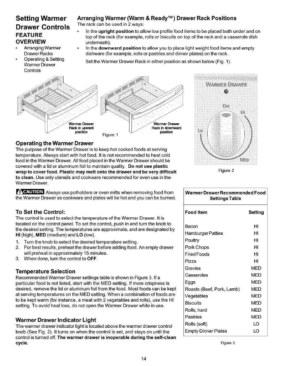 To set the control, Temperature selection, Warmer drawer indicator light | Setting wanner drawer controls, Feature overview | Kenmore 790.99019 User Manual | Page 14 / 40