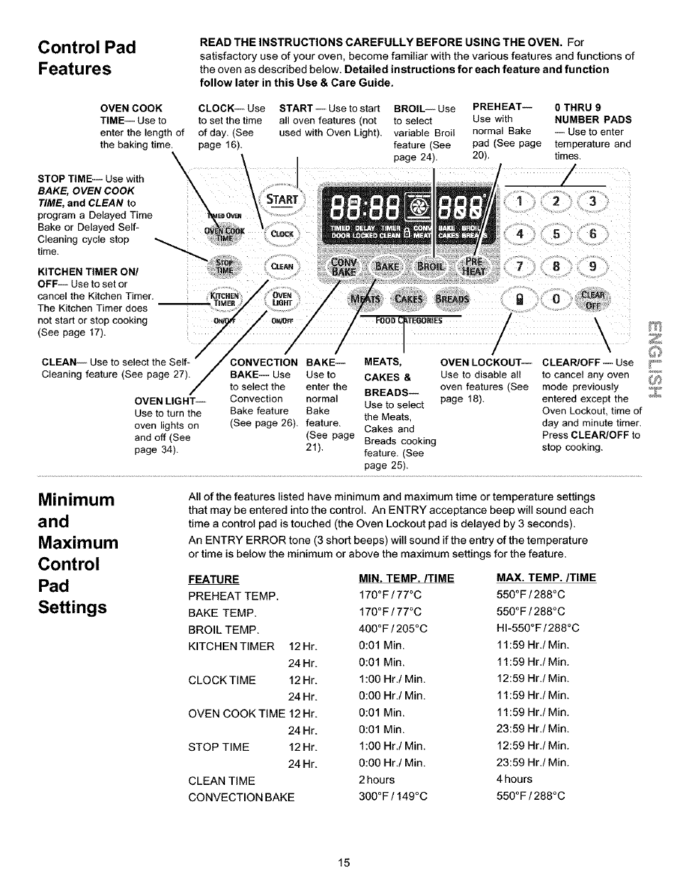 Control pad foaturos, Minimum and maximum control pad settings | Kenmore 790.99019 User Manual | Page 15 / 40