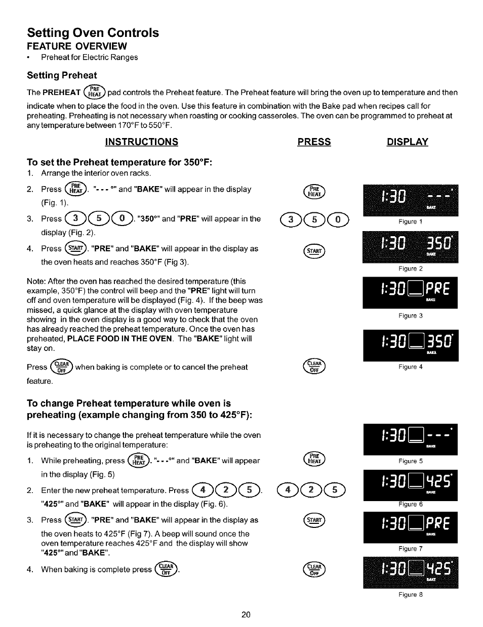 Setting preheat, Instructions, To set the preheat temperature for asc’f | Press, Display, L;30dpf?e, L:30d3s0, L:30d, L:30dw?s, L:30dpp | Kenmore 790.99019 User Manual | Page 20 / 40