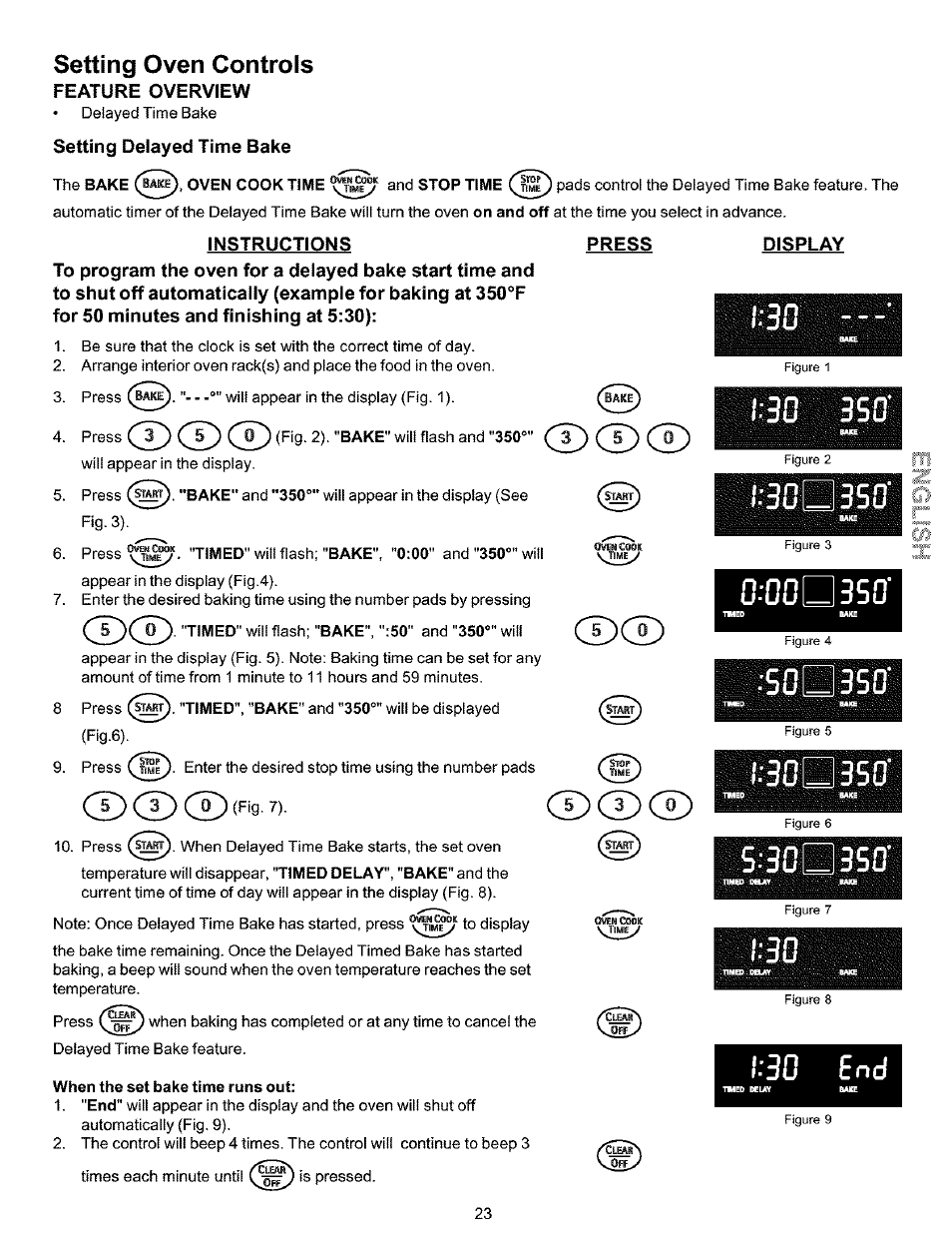 Setting delayed time bake, Instructions press, Display | Deiayed timed bake, Ilhisi, Ilhlii, 2) ce) ce) ^^'9- 2), Iiisü, Setting oven controls | Kenmore 790.99019 User Manual | Page 23 / 40