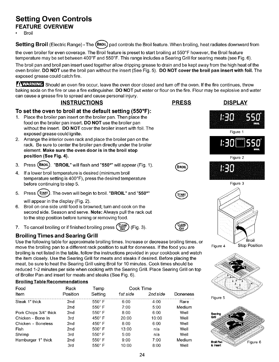 Instructions, Press, Display | Broiling times and searing grili, Setting oven controls, Setting broil, I.-ionsso | Kenmore 790.99019 User Manual | Page 24 / 40