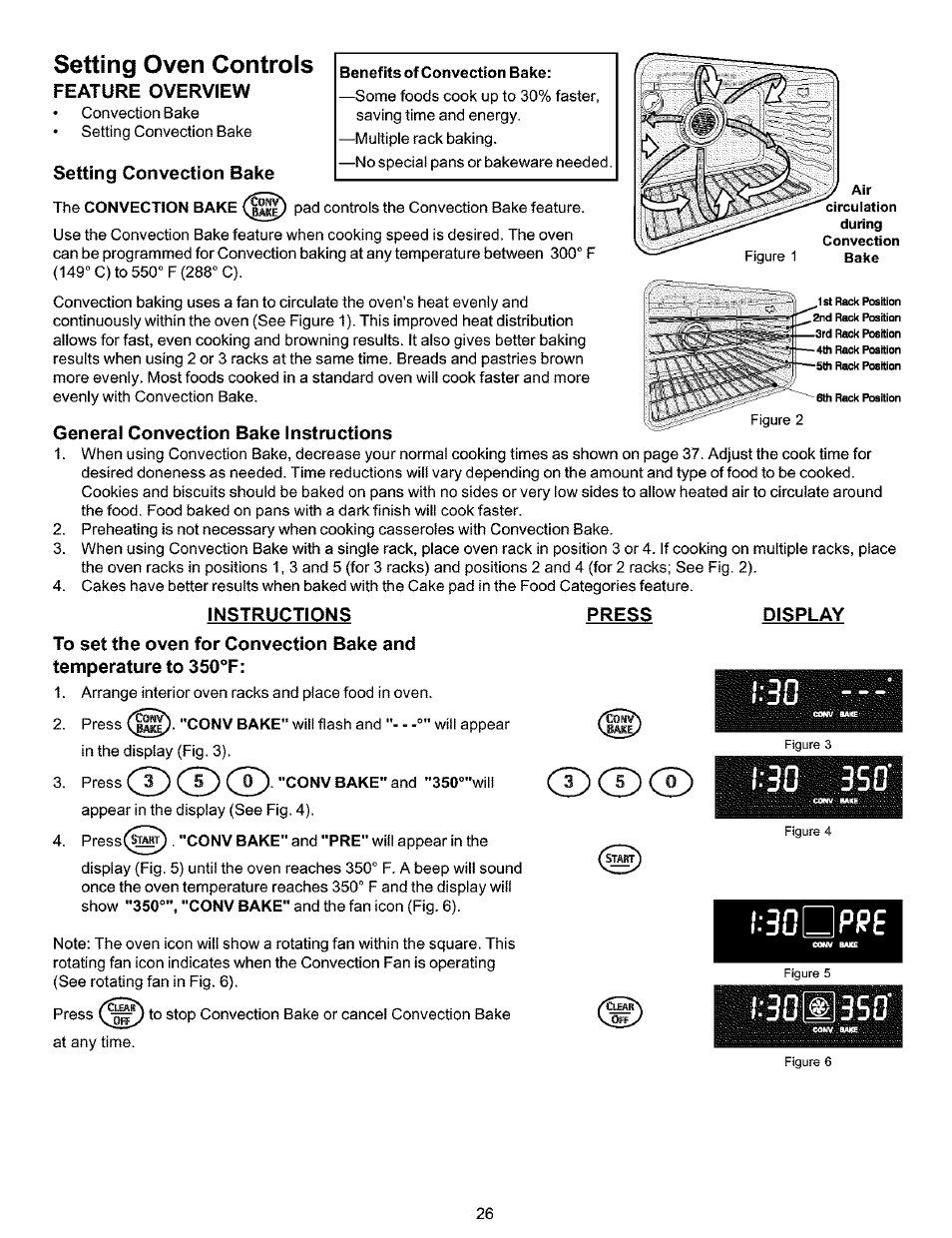 Setting oven controls, Feature overview, Setting convection bake | General convection bake instructions, Instructions, Press, Display, Setting surface controls -11, Convection bake, I;30dpi?e | Kenmore 790.99019 User Manual | Page 26 / 40