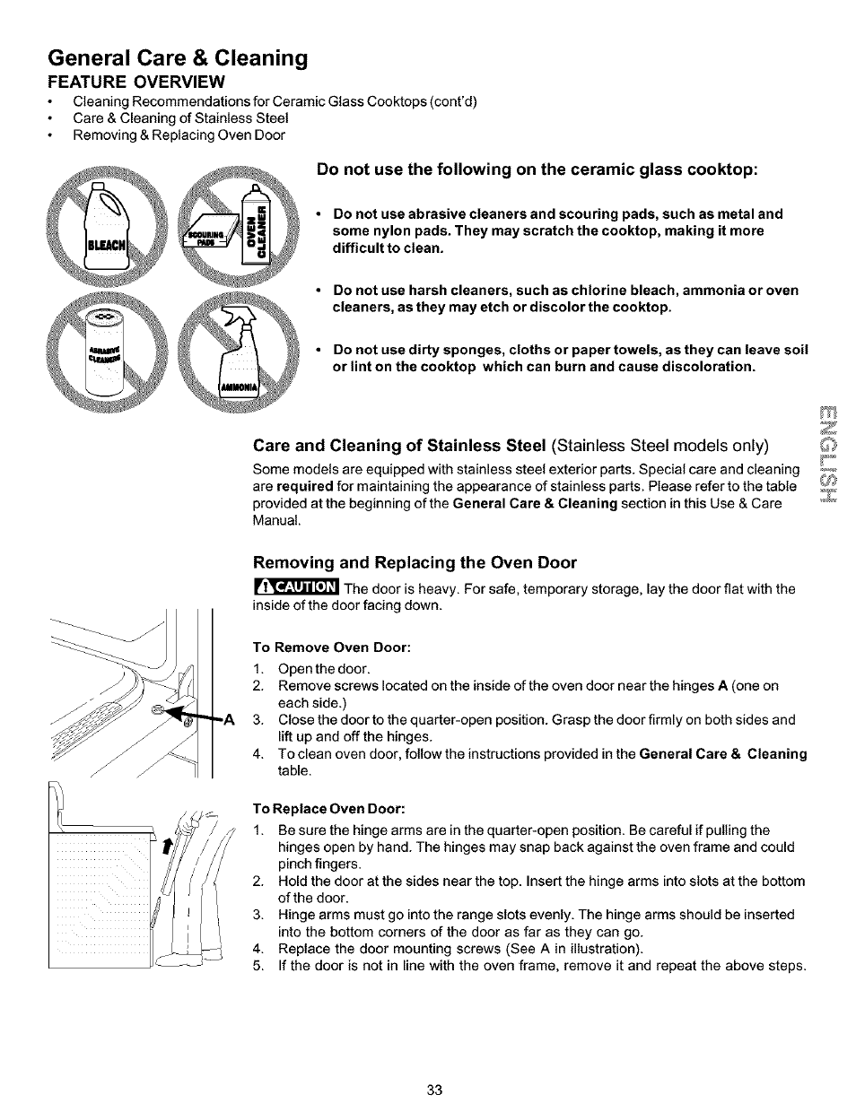 Feature overview, Removing and repiacing the oven door, General care & cleaning | Éssl | Kenmore 790.99019 User Manual | Page 33 / 40